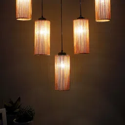 Devansh Beige & Black Textured Round Bamboo Ceiling Lamp image 4