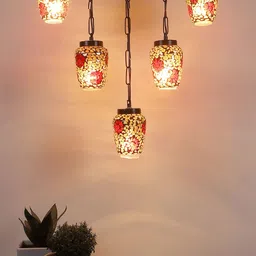 Devansh Red & Black Textured Glass Quintuple Hanging Lamp image 3