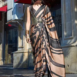 Mitera Striped Satin Block Print Saree image 2