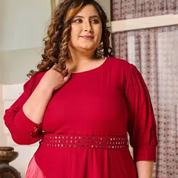 PrettyPlus by Desinoor.com Plus Size Round Neck A-Line Dress With Mirror Belt image 2