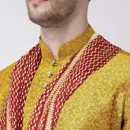 SG LEMAN Men Yellow Embroidered Raw Silk Kurta with Churidar & With Dupatta image 3