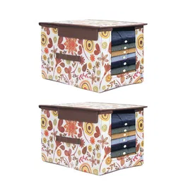 prettykrafts Set Of 2 White & Brown Printed Shirt Stacker Organizer With Handles-image-7