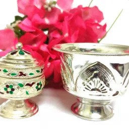 German Silver Handmade Haldi and kumkum / Chandan and Sindhoor Box (Large) Decorative Showpiece - 9 cm-image-67