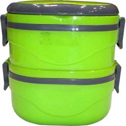 Hot Square Double Thermal Insulated Stainless Steel Lunch Box Tiffin Warm Fresh Food Container & Plate with Folding Handle For School, Office, Picnic, Travel (Green) 2 Containers Lunch Box-23