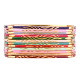 FEMMIBELLA Set Of 12 Gold-Plated Red & Blue Square Shaped Meenakari Bangles image 5