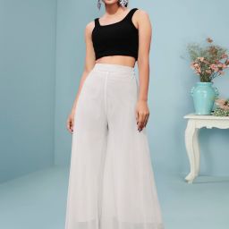 Women Flared Light Blue Georgette Trousers-image-34