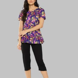 Womens Sports Wear Purple-Black Colour Leaf Print Nylon Swim Suit With Cap Printed Women Swim-dress Purple Swimsuit-image-25