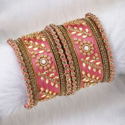 Peora Women Set of 10 Pink Designer Silk Thread Matching Bridal Wedding Bangles-image-6
