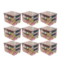 prettykrafts Set Of 9 Pink & Yellow Multichecks Printed Foldable Rectangle Shirt Stacker Organisers-25