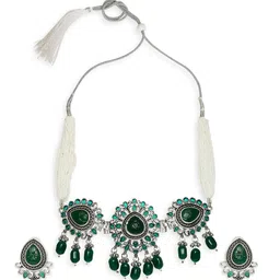 OOMPH Oxidised Jaipur Stone Studded Choker Necklace With Drop Earrings Set image 3