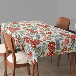 Trance Home Linen White & Red Printed Pure Cotton Rectangular 4-6 Seater Table Cloth image 3