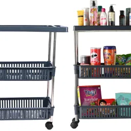 Pack of 2 Slim 3-Layer Multipurpose Storage Rack with Wheels | Grey Plastic Kitchen Trolley-2