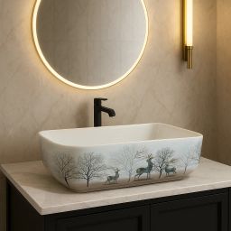 Tabletop Wash Basin Deer design / White Wash Basin Deer New design (18*13*5 inc TR-124 Table Top Basin-image-56