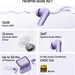 realme Buds Air7 with 52dB ANC, 12.4mm Driver, 52hrs Playback, IP55 & 45ms Low Latency Bluetooth Headset image 2