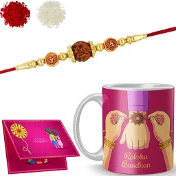 Designer Rakhi with mug_NAADN4343 Gold Finish Rakhi, Chawal Roli Pack, Greeting Card, Mug Set-13
