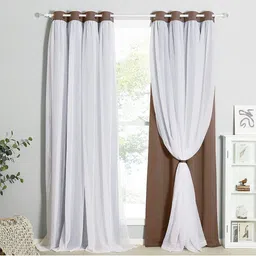 BFAM Brown & White Double Layer Black Out & Sheer Window Curtain image 2