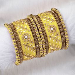 Peora Set of 10 Gold-Plated & Yellow Silk Thread Handcrafted Kundan Bangles-image-47