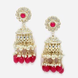 ZENEME Gold-Plated Dome Shaped Kundan Studded Jhumkas image 2