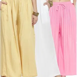 tnq Pack of 3 Women Flared Beige, White, Pink Viscose Rayon Trousers-picture-25