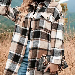 Mast & Harbour Khaki Coloured Checked Spread Collar Longline Open Front Jacket image 4