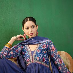 Sangria Blue Yoke Design Printed Georgette A-Line Empire Kurta With Trousers & Dupatta-picture-9