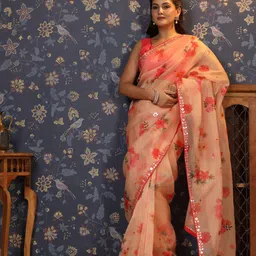 House of Pataudi Floral Printed Organza Embellished Border Saree-14