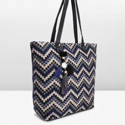 Anouk Chevron Woven Design Oversized Structured Shoulder Bag with Tasselled Detail image 3