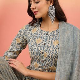 Sangria Ethnic Motifs Printed Boat Neck Pure Cotton Straight Kurta with Trousers & Dupatta-image-69