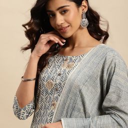 Sangria Grey Ethnic Printed Thread Work Pure Cotton Kurta With Trouser & Dupatta Set-picture-5