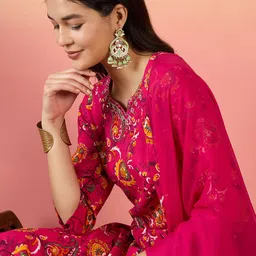 KALINI Women Floral Printed Regular Thread Work Kurta with Trousers & With Dupatta image 2