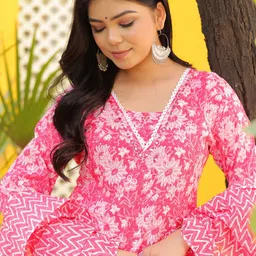 PARTHVI Women Printed Regular Thread Work Kurta with Skirt & With Dupatta image 2