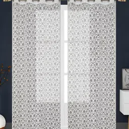 RIDHAAN White 2 Pieces Floral Sheer Door Curtains-2