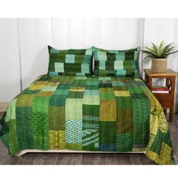 HANDICRAFT PALACE Green Kantha Patchwork Patola Silk Bedding Set-image-17