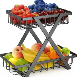 2 Tier Countertop Fruit Basket for Fruits Vegetables Cosmetics Snacks-X Shape Iron Fruit & Vegetable Basket-image-88