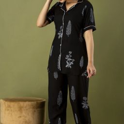 Women Shirt & Pyjama set Black Printed-image-39