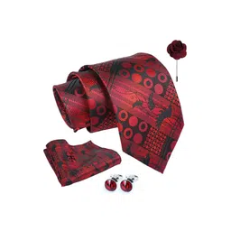 AXLON Men Geometric Design Tie Set With Pocket Square-Cufflink & Flower Pin image 5