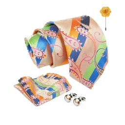 AXLON Men Striped Design Tie Set With Pocket Square-Cufflink & Flower Pin image 2