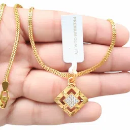Diamond Jewel Square designer pendanr with micro gold plated chain Gold-plated Diamond Brass Pendant Set-image-2