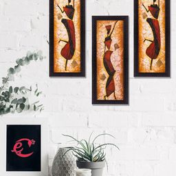 eCraftIndia Set Of 3 Brown & Black Dancing Lady Satin Matt Texture UV Wall Art-1