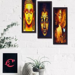 eCraftIndia Set Of 3 Yellow & Black Lord Buddha Satin Matt Textured UV Wall Art-image-94