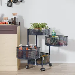 3+1 Layer Kitchen Storage Rack with Wheels | Round Shape - Dark Grey Iron Kitchen Trolley-image-6