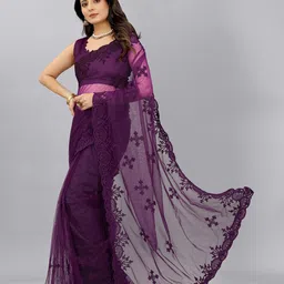 BARKIYA CREATION Ethnic Motifs Embroidered Net Saree image 2