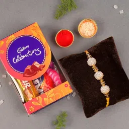 Rakhi Gift for Brother with Chocolates Hamper - Designer Rakhi with Cadbury Dairy Milk Chocolates Box and Roli Chawla Assorted Gift Box-1
