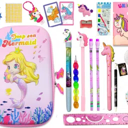 mermaid Theme School stationery set combo for kids 3D Big Pouch for Large Capaci ty with Pen/Pencil/Eraser/keychain/badge for All Stationery Birthday Return Gift Art Polyester Pencil Box-19