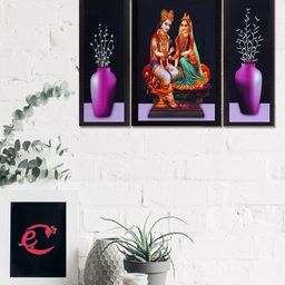 eCraftIndia Set Of 3 Black & Orange Lord Krishna Radha and Flowers Satin Matt Texture UV Wall Art-21