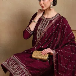 KALINI Floral Embroidered Sequinned Kurta with Palazzo & Dupatta-8