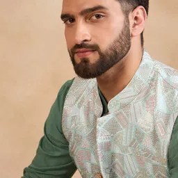 House of Pataudi Woven Design Mandarin Collar Nehru Jackets-13