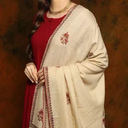Exotic India Cream Colored Sozni Floral Fine Embroidered Pashmina Shawl with Rich Palla image 4
