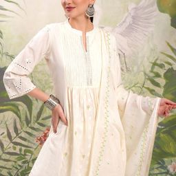 Vishudh Cream Coloured Mirror Work Pure Cotton A-Line Kurti With Trousers & Dupatta-picture-40