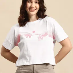 mast & harbour Women Printed Round Neck Cotton Blend White T-Shirt-picture-34